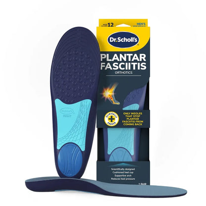 Navy and blue Dr. Scholl's plantar fasciitis orthotic insoles with molded heel cup, pair