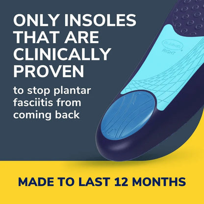 Close-up dark blue plantar fasciitis orthotic insole with light blue arch support