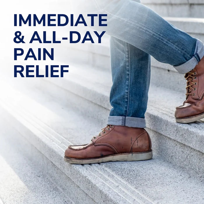 Brown leather boots stepping on stone stairs with all-day plantar fasciitis orthotic support