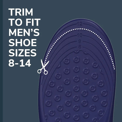 Dark blue men’s plantar fasciitis orthotic insole with dotted traction sole pattern