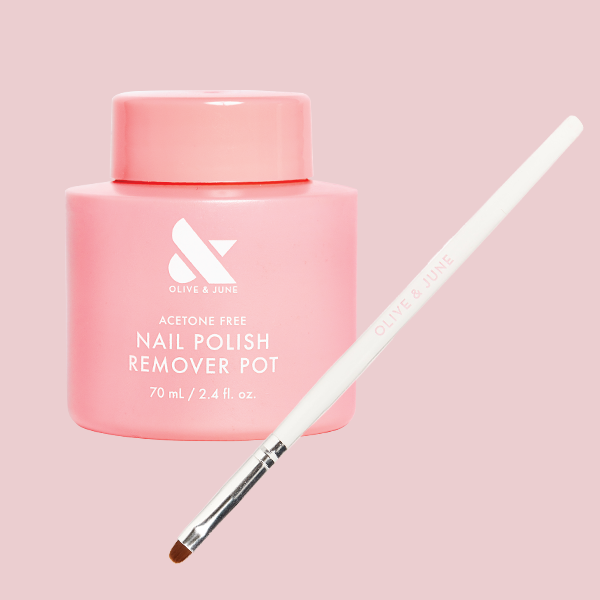 Polish Remover Pot + Clean Up Brush showing pink acetone-free remover jar with white brush on blush background