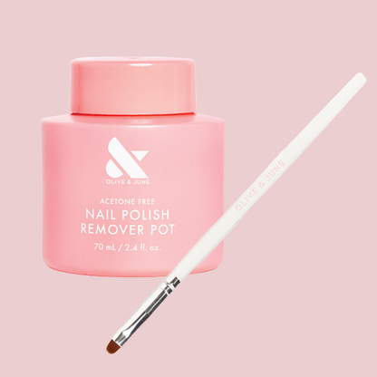 Polish Remover Pot + Clean Up Brush showing pink acetone-free remover jar with white brush on blush background