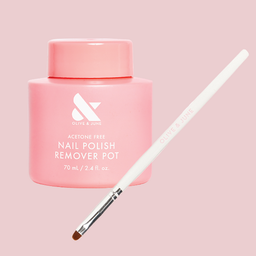 Polish Remover Pot + Clean Up Brush showing pink acetone-free remover jar with white brush on blush background