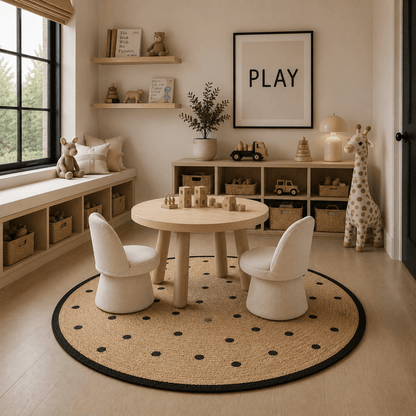 Polly Black & Jute Polka Dot Round Rug Textiles