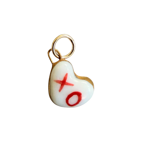 Porcelain XO heart charm with gold ring and red XO lettering