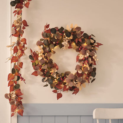 Pre Lit Berry Harvest Autumn Wreath & Mixed Foliage Autumnal Garland