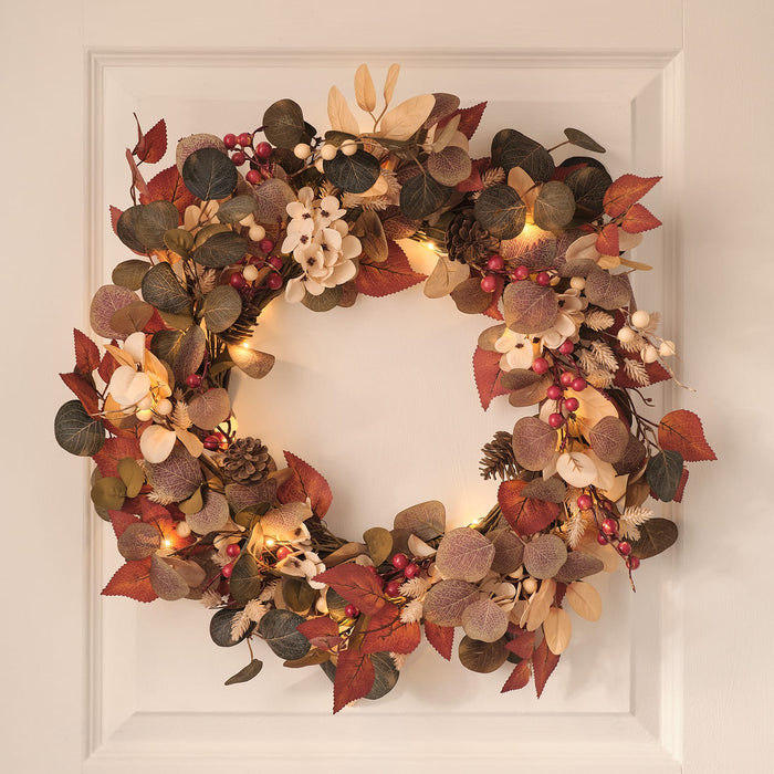 Pre Lit Berry Harvest Autumn Wreath & Mixed Foliage Autumnal Garland