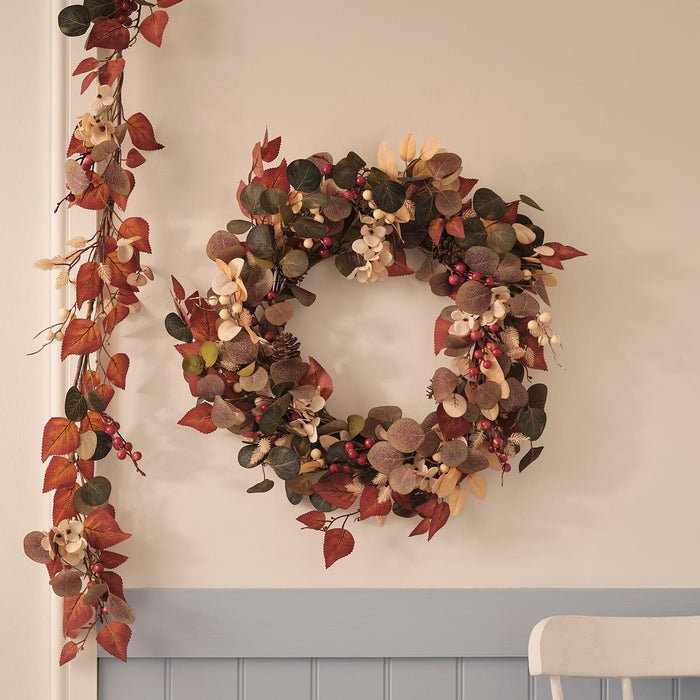 Pre Lit Berry Harvest Autumn Wreath & Mixed Foliage Autumnal Garland