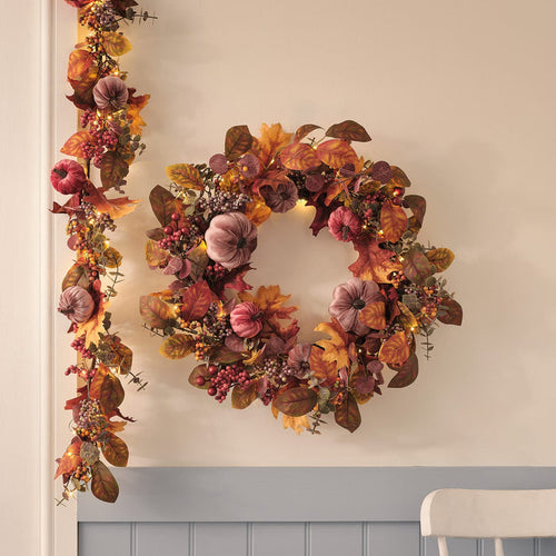 Pre Lit Luxury Velvet Pumpkin Meadow Wreath & Garland