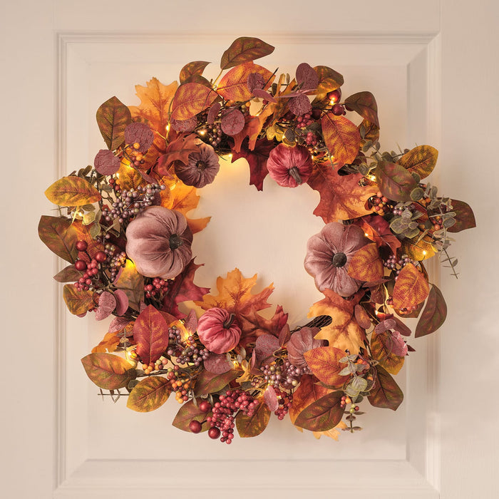 Pre Lit Luxury Velvet Pumpkin Meadow Wreath & Garland