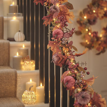 Pre Lit Luxury Velvet Pumpkin Meadow Wreath & Garland