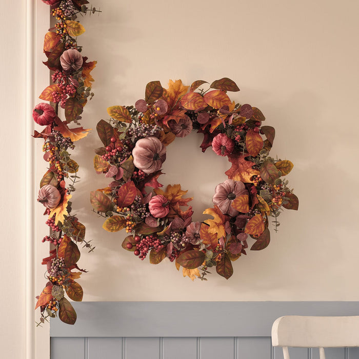 Pre Lit Luxury Velvet Pumpkin Meadow Wreath & Garland
