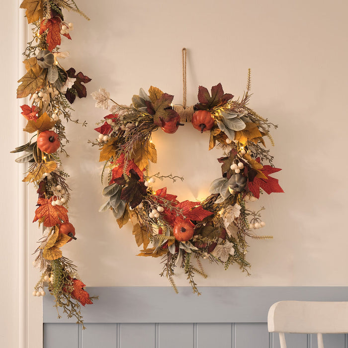 Pre Lit Pumpkin Lane Autumn Wreath & Garland