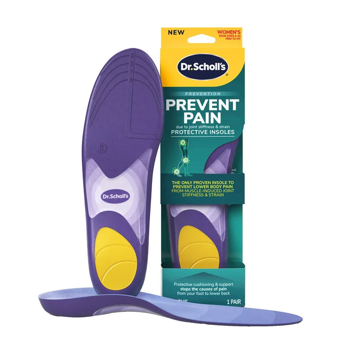 Protective insoles with blue and purple design and yellow cushioning, one pair