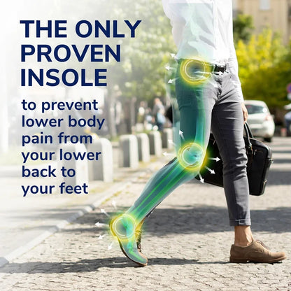 Blue protective insoles with yellow cushioning, shown being worn in sneakers