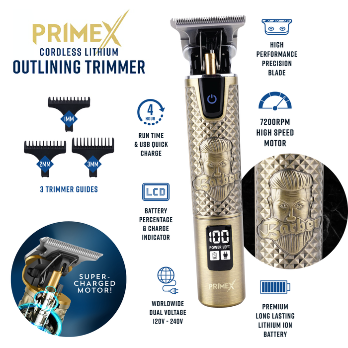 PrimeX Cordless Lithium Outlining Barber Trimmer Brass