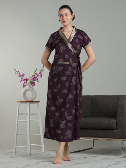 Prussian Wine Viscose Blend Housecoat with Floral Sketch Print for Women