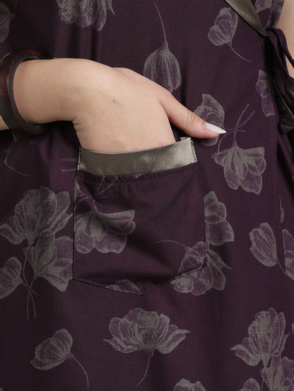 Prussian Wine Viscose Blend Housecoat with Floral Sketch Print for Women