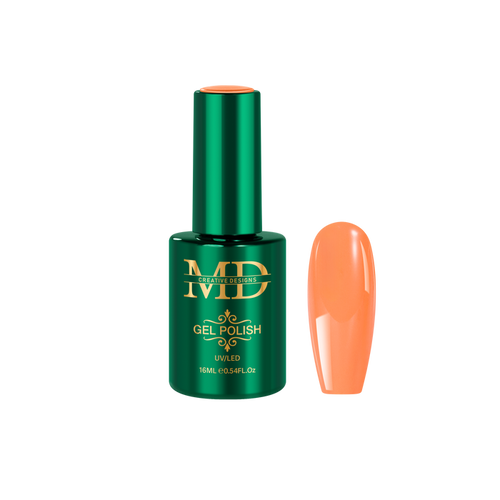 Green gel polish bottle with a color swatch of orange nail polish on a white background