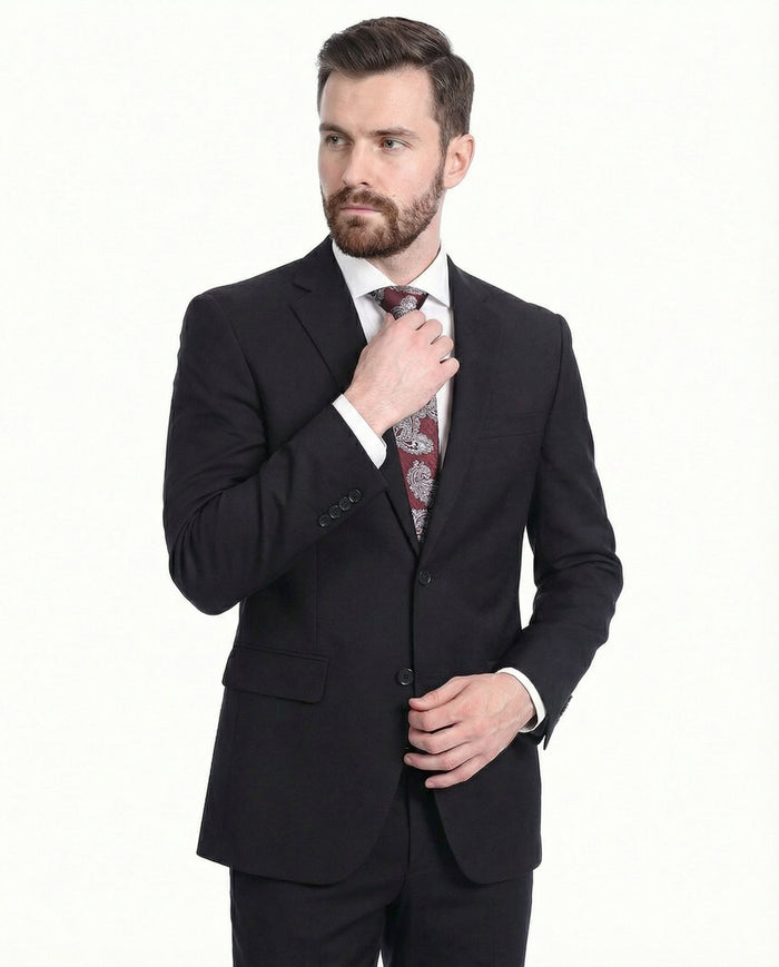 Raphael Men's Regular Classic Fit Solid Black 2 Button Mens Wool-touch Suit - The Suit Depot