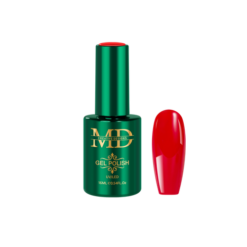 Green gel polish bottle with red nail tip color swatch on a white background