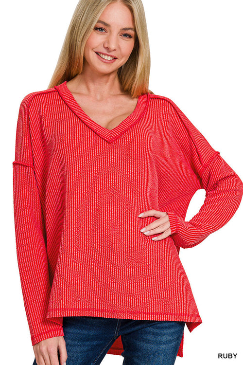 Red Ribbed V-neck LS Top