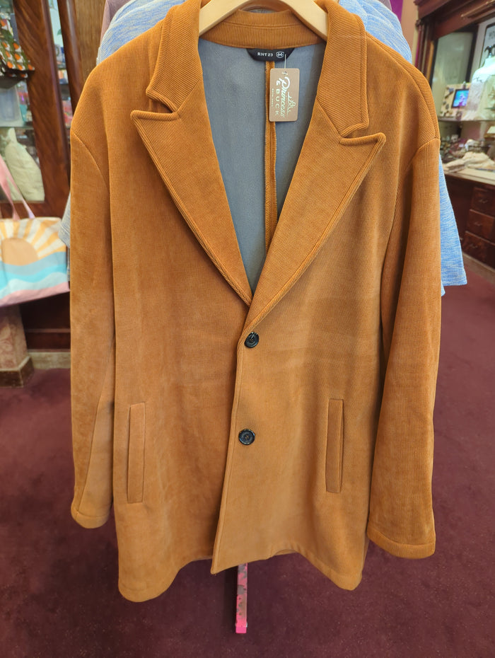 Ron Tomson relaxed corduroy jacket in a neutral tone, featuring a classic collar and button-up front, displayed on a hanger.