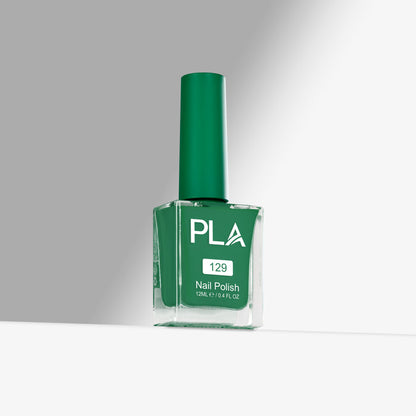 Green nail polish bottle with 'PLA' label on a gray background