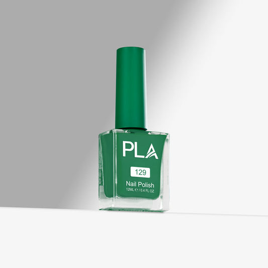 Green nail polish bottle with 'PLA' label on a gray background