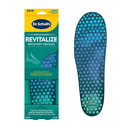 Dr. Scholl's Revitalize recovery insoles box and blue bubble-pattern insole