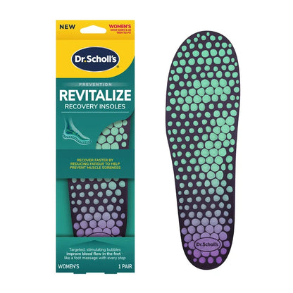 Dr. Scholl's Revitalize recovery insoles womens box and purple-blue bubble insole