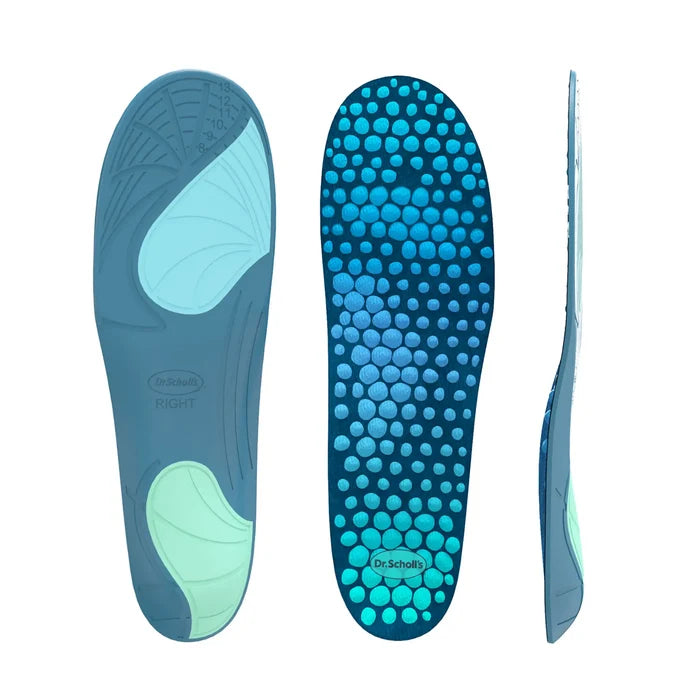 Blue and teal Revitalize recovery insole with bubble texture, side view included