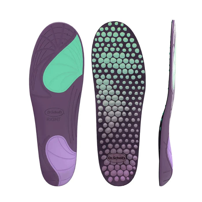 Recovery insoles with purple base, mint-green insert, and dotted grip underside