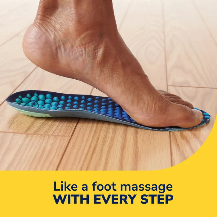 Person wearing a blue bubble-pattern Revitalize recovery insole in a shoe