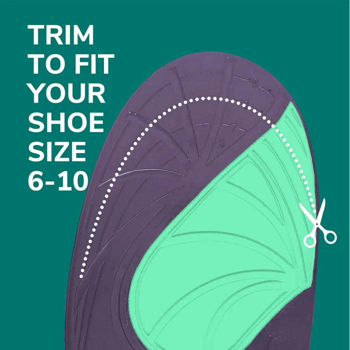 Recovery insole insert with purple arch base, mint-green top, and dotted trim line