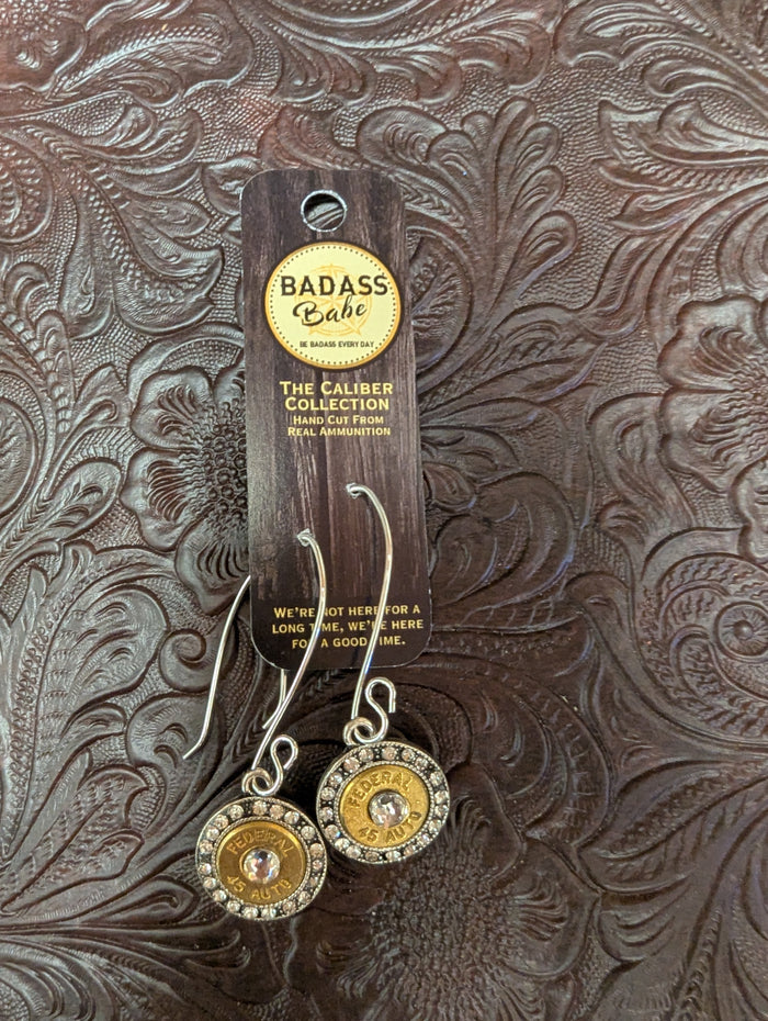 Sparkling rhinestone cowgirl earrings by BadAssBabe featuring Western-inspired design with shiny rhinestones and silver-tone accents.