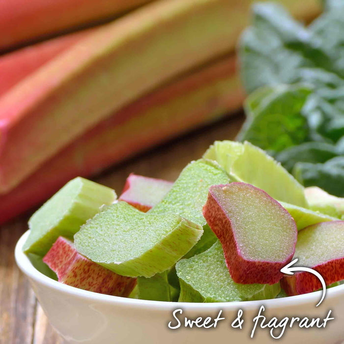 Sliced rhubarb in a bowl with whole rhubarb stalks in the background, labeled 'Sweet & fragrant'.
