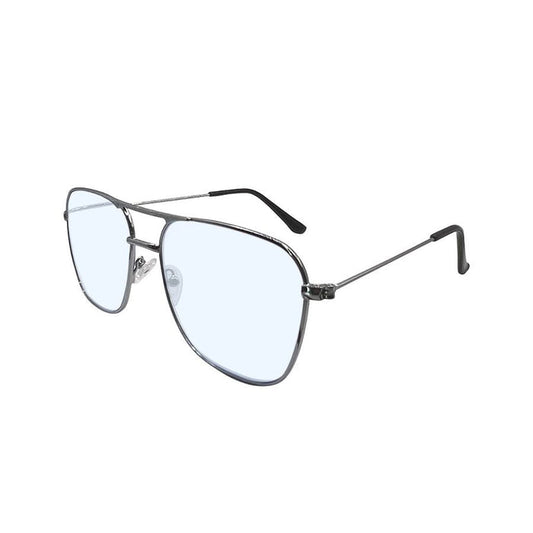 Metal aviator eyeglasses with light blue lenses and dark temples.