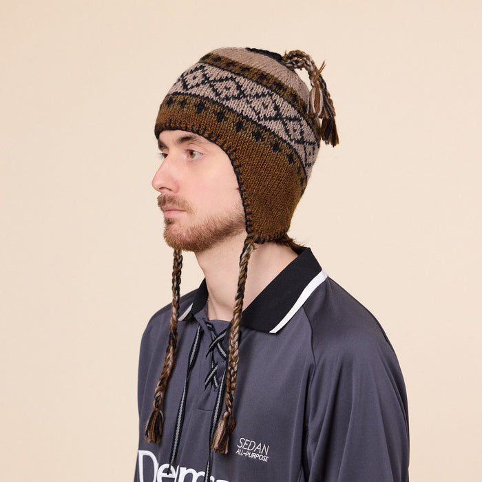 SEDAN ALL-PURPOSE - Hand Knit Ear Flap Beanie - Brown / Black