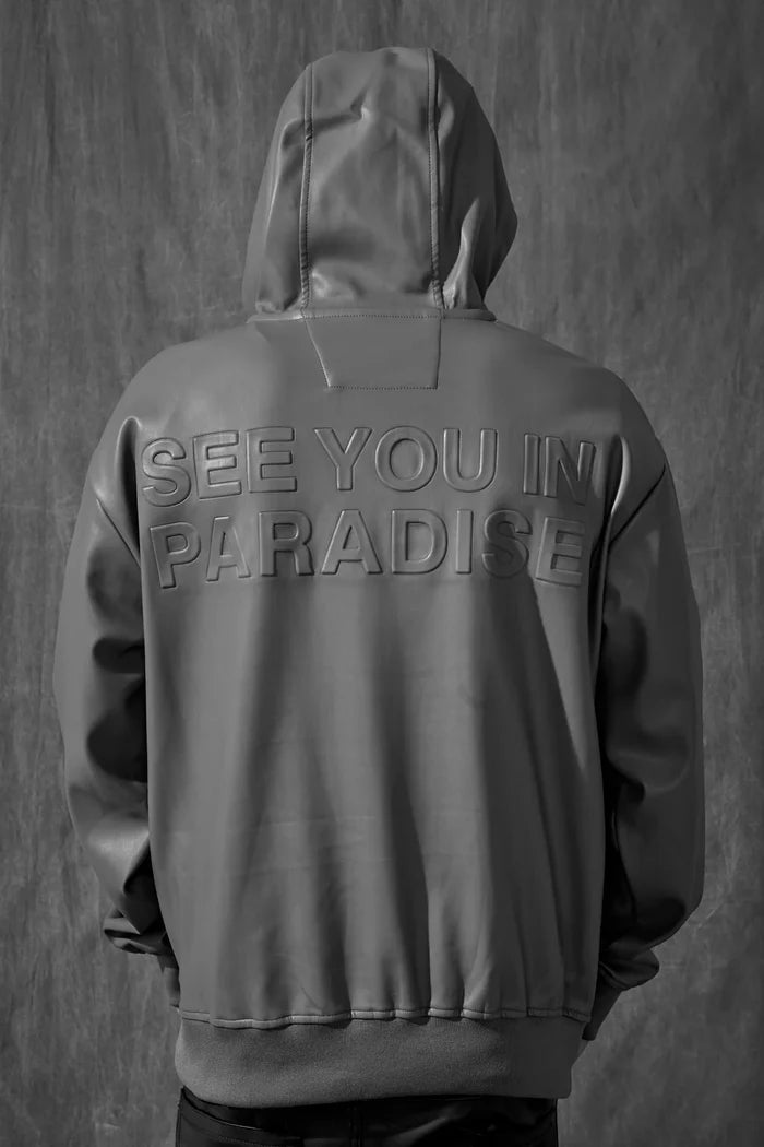 SEE YOU IN PARADISE VEGAN LEATHER HOODIE - 8560H - GREY