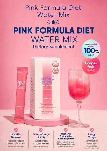 Pink Formula Diet Water Mix dietary supplement by Shake Baby, featuring a pink box, a pink tube, and a glass of pink drink on a pink background with promotional text.