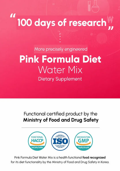 Promotional graphic for Pink Formula Diet Water Mix dietary supplement, featuring a pink header with white text and several certification logos including HACCP, ISO, and GMP below on a white background.