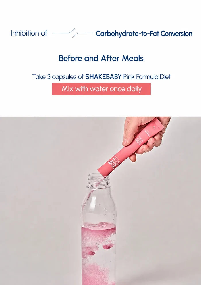 A hand inserts a pink Shakebaby formula stick into a clear bottle of water, with text above explaining carbohydrate-to-fat conversion inhibition before and after meals.