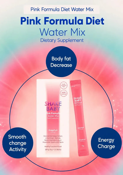 Pink Formula Diet Water Mix dietary supplement package and single-serve stick pack centered on a pink-to-blue gradient background with promotional text and circular callouts.