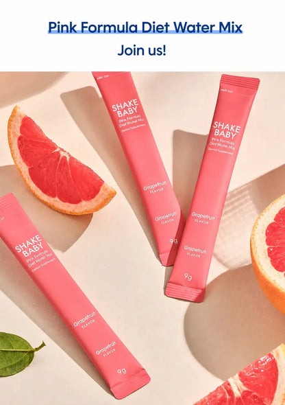 Four pink Shake Baby grapefruit flavor single-serve packets arranged on a light beige surface with grapefruit slices and a green leaf. Text at the top reads 'Pink Formula Diet Water Mix Join us!'.