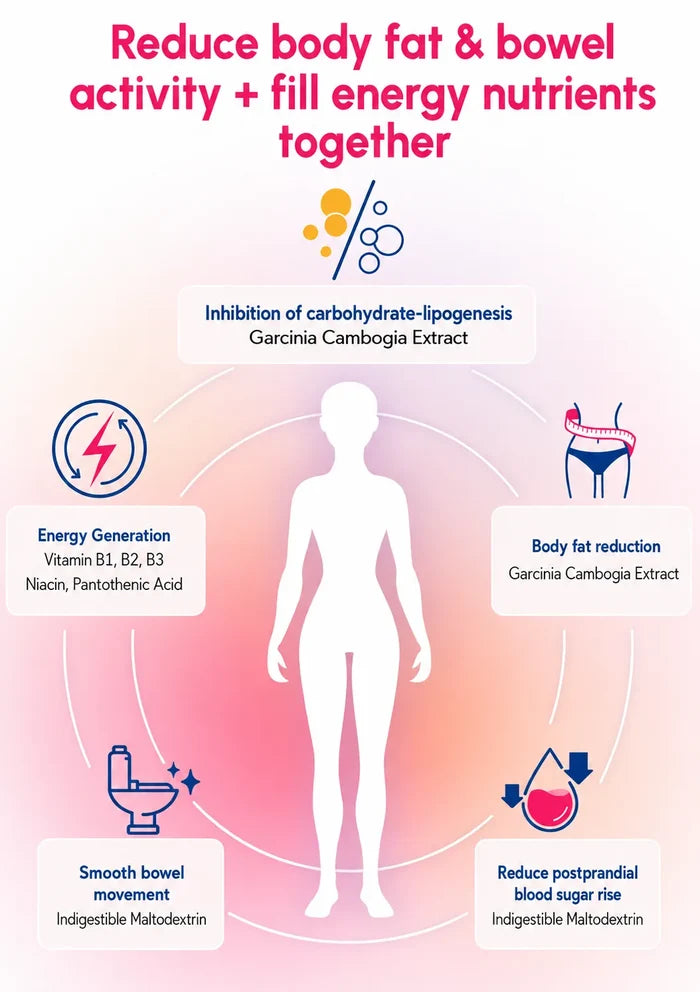 An infographic with a white human silhouette centered on a pink-to-red gradient background, showing text callouts about Garcinia Cambogia extract benefits: inhibition of carbohydrate-lipogenesis, body fat reduction, smooth bowel movement, and reduction of postprandial blood sugar rise.