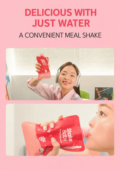 A promotional graphic for a pink meal shake pouch. The top text reads 'DELICIOUS WITH JUST WATER' and 'A CONVENIENT MEAL SHAKE' on a pink background.