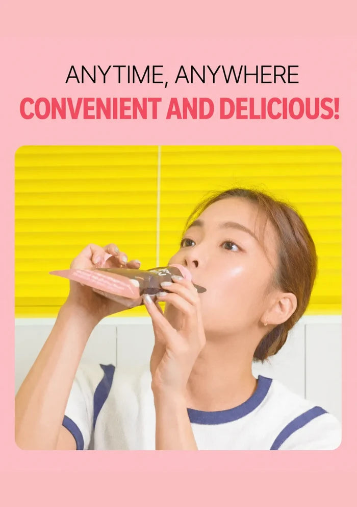 A promotional graphic with a pink border and headline reading 'ANYTIME, ANYWHERE CONVENIENT AND DELICIOUS!' above a photo of a woman drinking from a small pink travel cup or straw container in front of yellow window blinds.