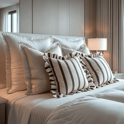 Sheline Chocolate Striped Feather Filled Cushion with Frilled Edge - 45x45cm Textiles