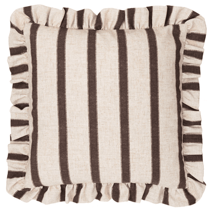 Sheline Chocolate Striped Feather Filled Cushion with Frilled Edge - 45x45cm Textiles